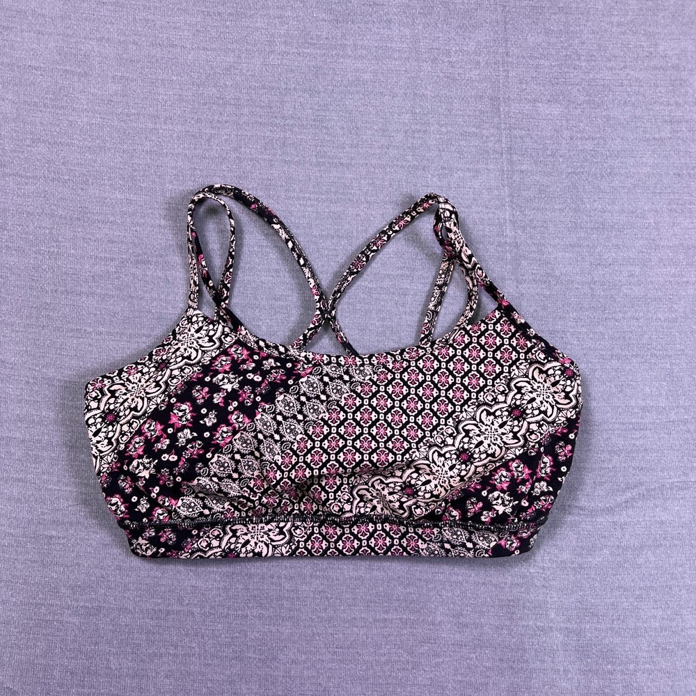Gaiam Womens Pink Black Paisley Mosaic Print Strappy Yoga Sports Bra Size L